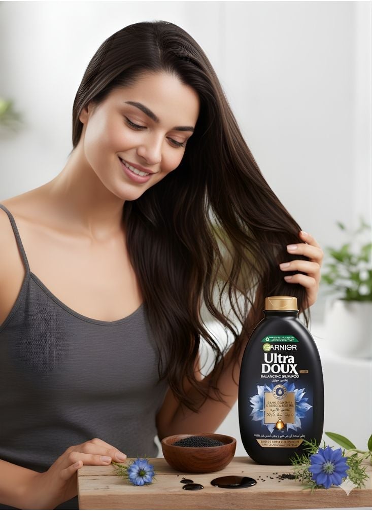 Ultra doux Garnier Ultra Doux Balancing Shampoo with Black Charcoal & Nigella Seed Oil – Black Bottle Shampoo for Greasy Scalp and Dry Lengths, Black Color, 1 Pc - Image 4